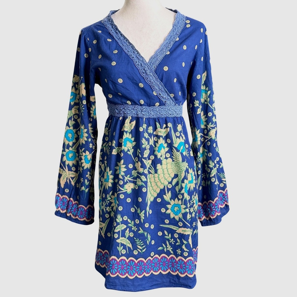 Phool Y2K Made in India Cotton Boho Embroider Floral Mini Dress Medium Hippie